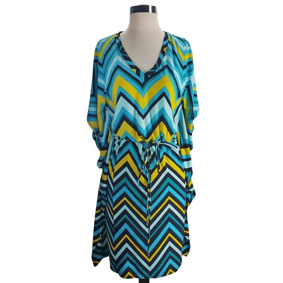 CALVIN KLEIN Blue Yellow Chevron Tie Waist Dress Cover Up, 8 - Picture 1 of 2